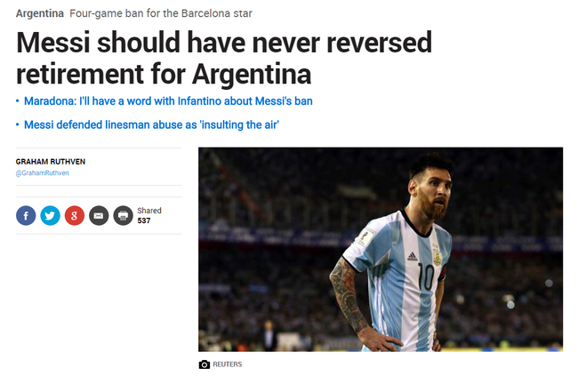 梅西应该再次退出阿根廷队 他不需要国家队荣誉